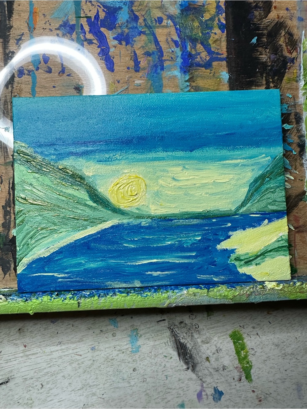 5x7 Hand-Painted Coastal Sunrise Canvas Art - Blue and Yellow